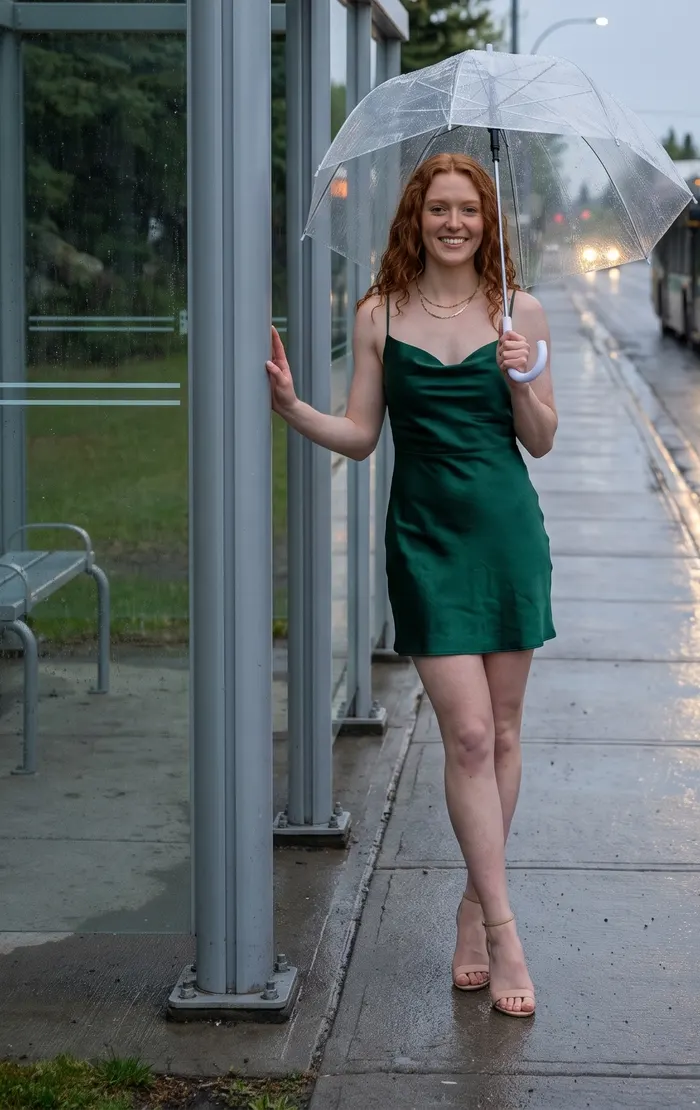 Isla Whitcombe stands at a glass bus shelter in the rain under a clear umbrella. A character created for the guide; AI-generated image.