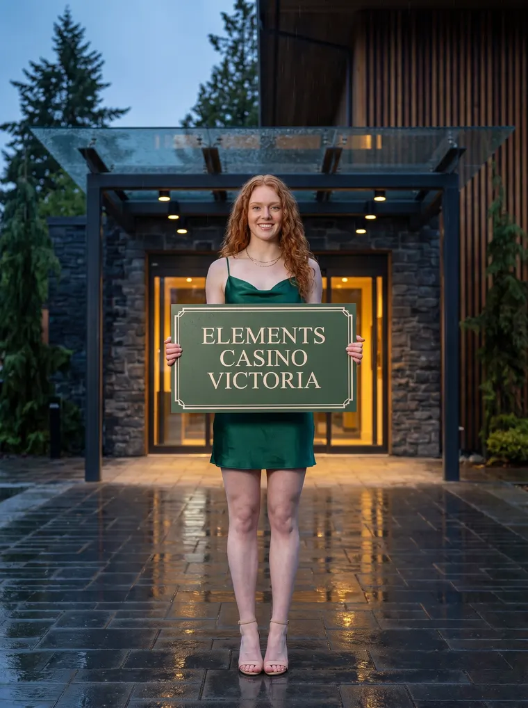 Isla Whitcombe holds a sign reading Elements Casino Victoria under a glass canopy after rain. A character created for the guide; AI-generated image, not a photograph of the casino.
